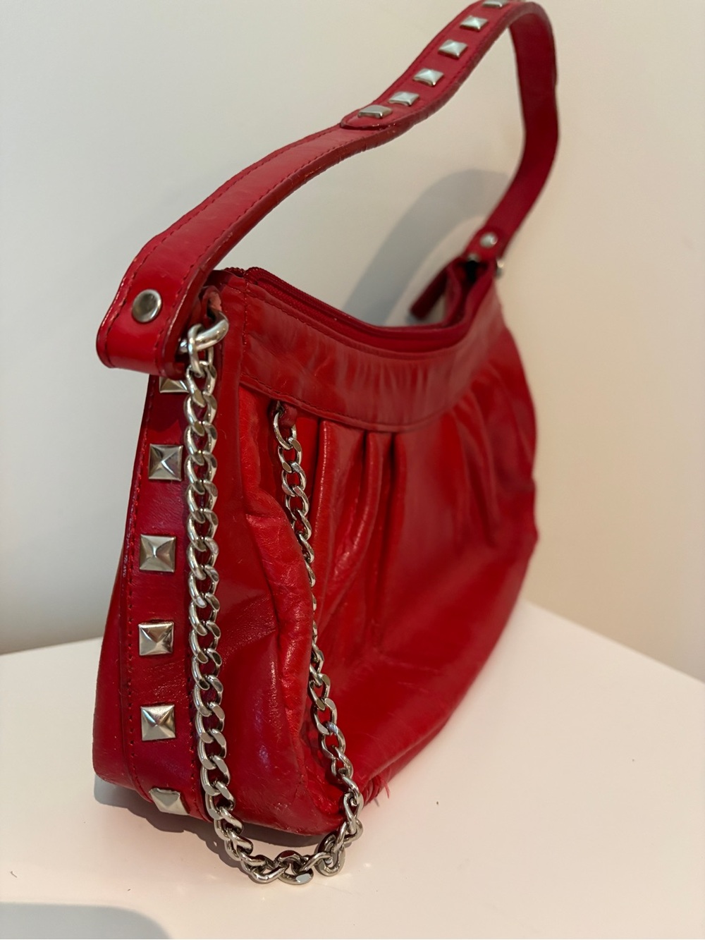 Red Studded Shoulder Bag - Danier leather